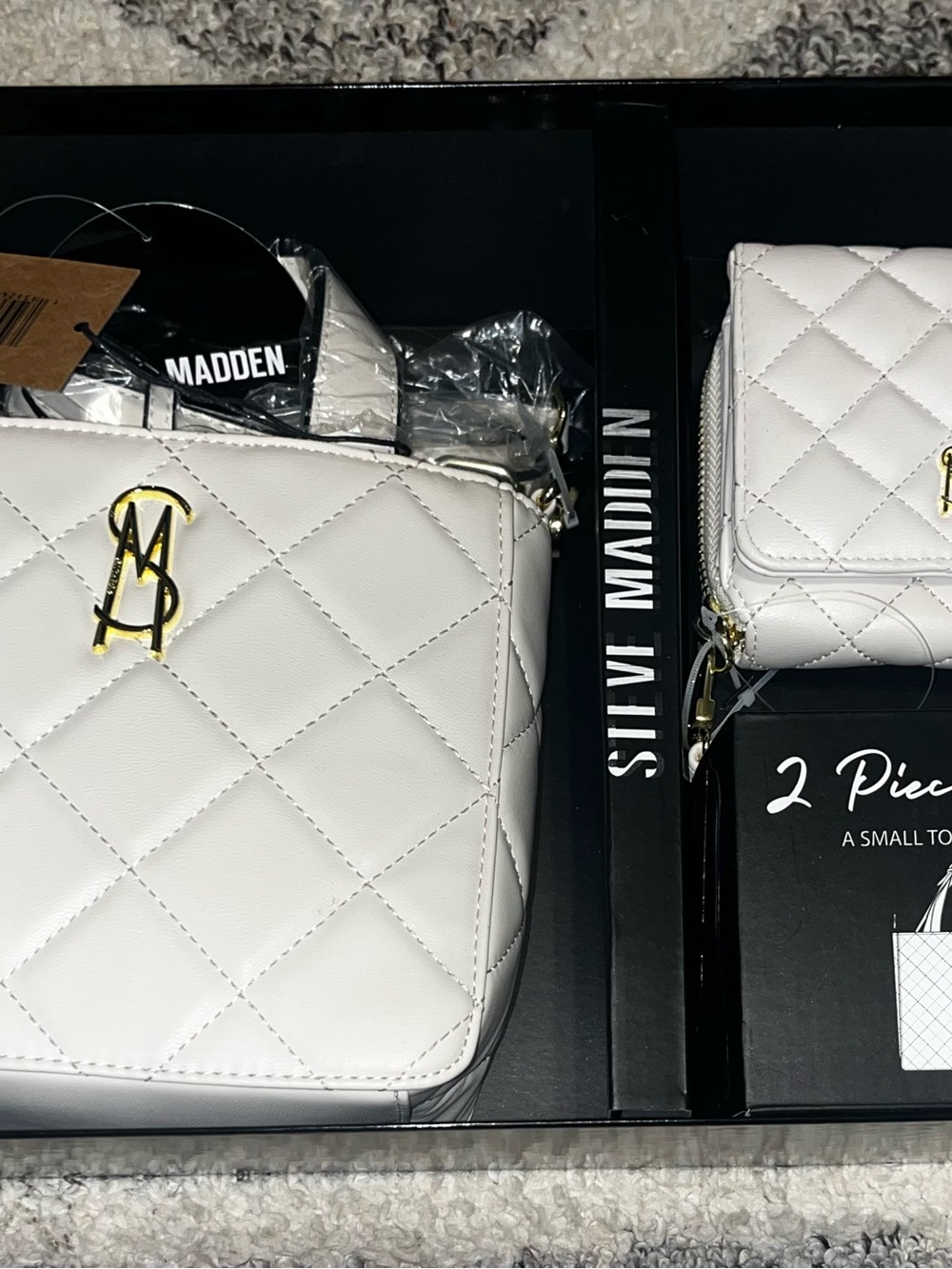 Steve Madden Cream Quilted Crossbody Set with Gold Logo